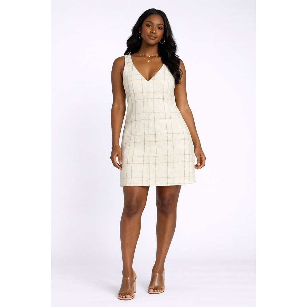 SHEIN Size S Cream Gold Tweed Plaid Sleeveless V-Neck Mini Shift Dress Academic